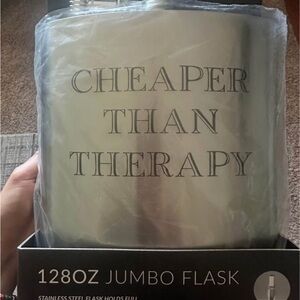 128oz Jumbo Flask - "Cheaper Than Therapy" - Stainless Silver